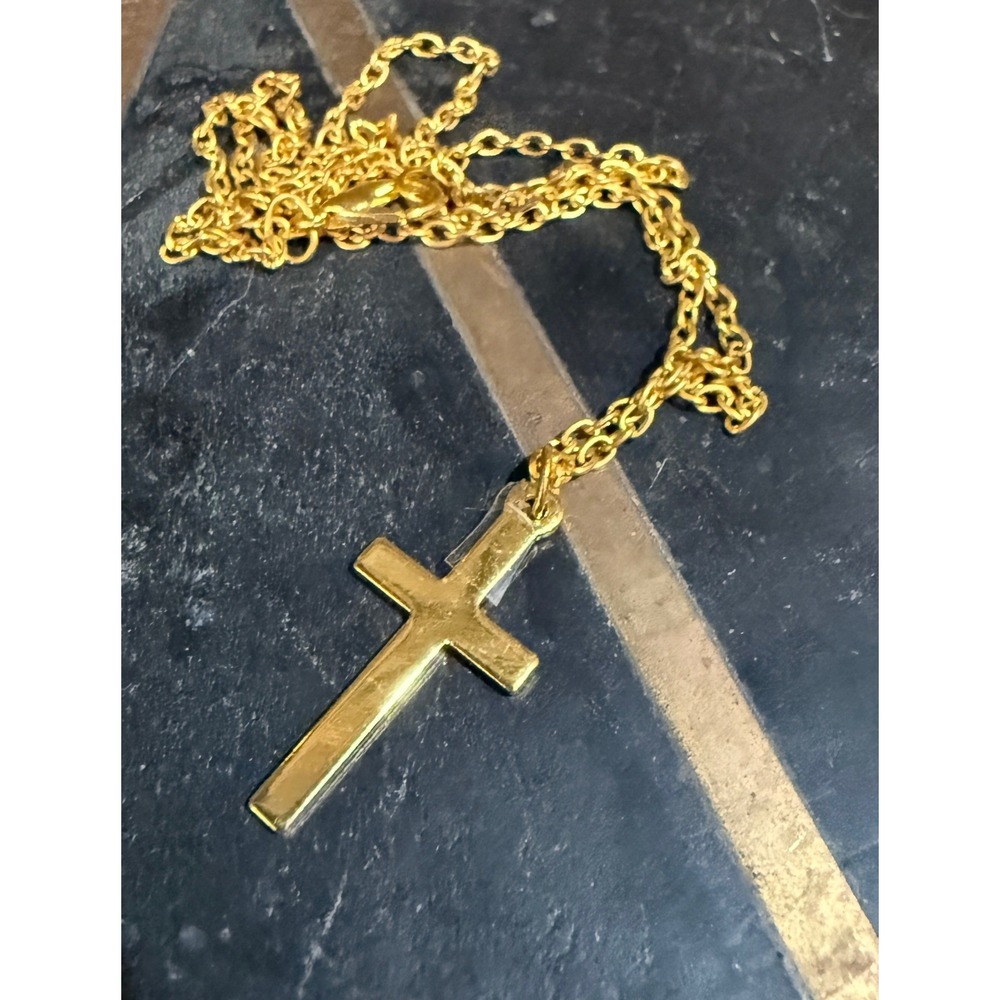 Gold Tone Cross Pendant Necklace Polished Minimalist Crucifix Cable Chain 18in